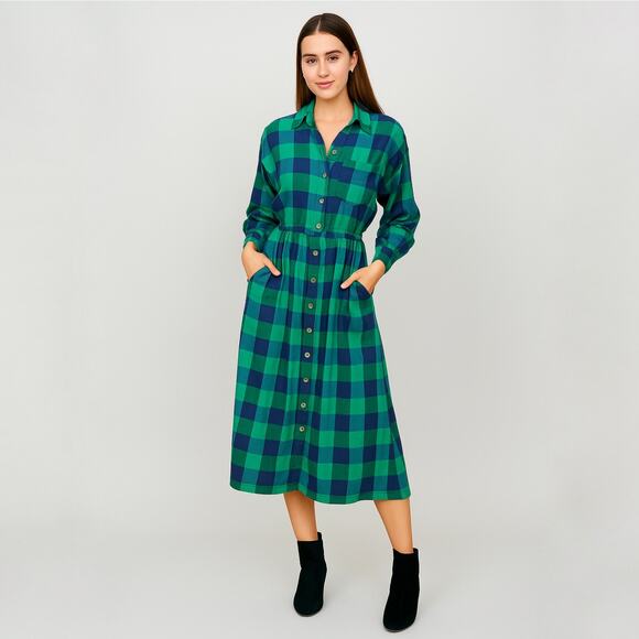 Vintage 80s Buffalo Plaid Flannel Shirt Dress Green Blue Check Button Up Size 8 - Picture 1 of 16